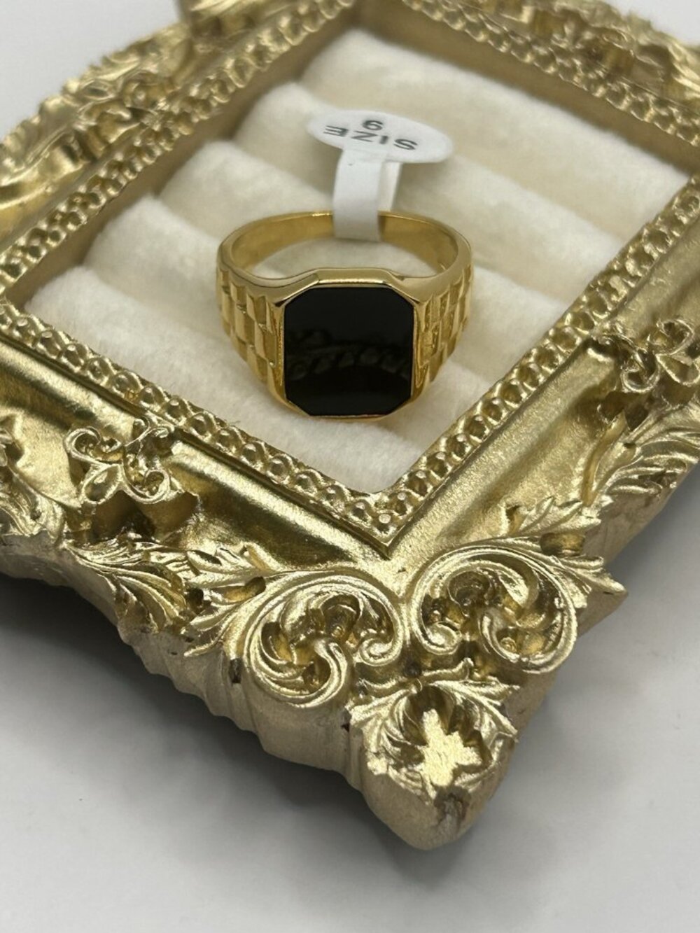 Vintage NOS Gold Tone Signet Ring Size 9 Unisex Jewelry Black Center Chunky New